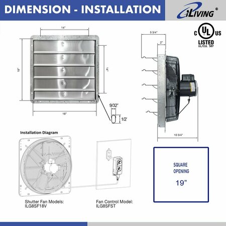Iliving 18 in. Wall Mounted Shutter Exhaust Fan with Thermostat and Variable Speed controller, 1736 CFM ILG8SF18V-ST